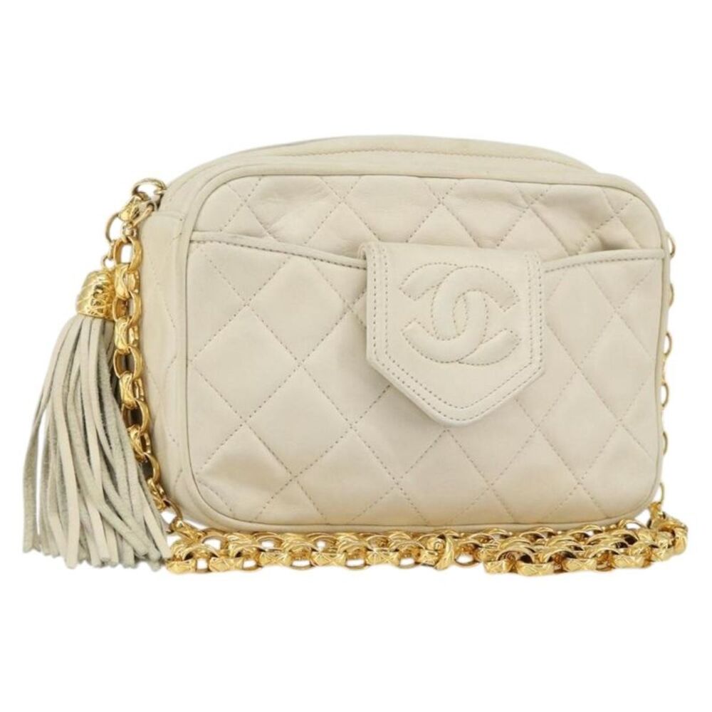 Chanel Vintage Front Pocket Camera Quilted Lambskin Beige Leather Shoulder Bag